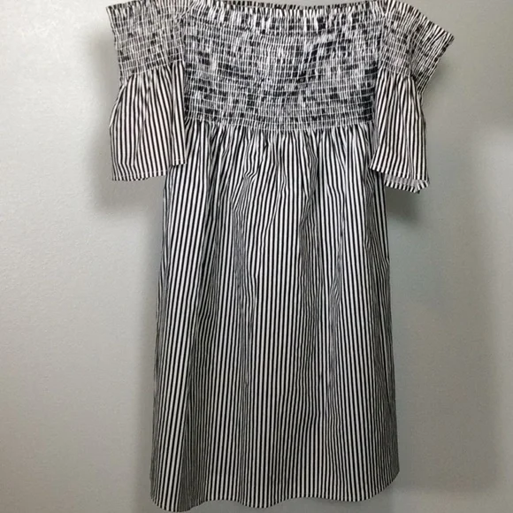 off the shoulder pinstripe dress Striped Off-Shoulder Ruffled Maxi Dress